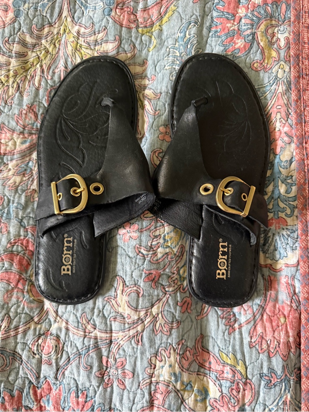 Born Black Leather Sandals with Gold Buckles